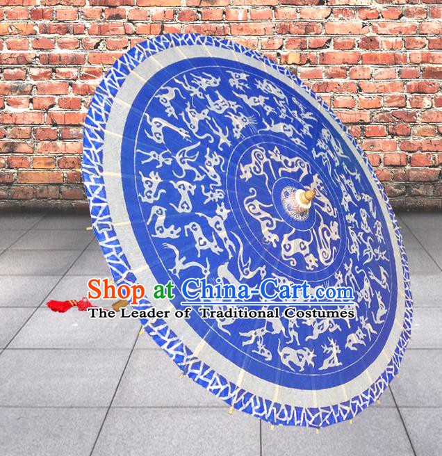 Handmade China Traditional Folk Dance Umbrella Printing Dragon Blue Oil-paper Umbrella Stage Performance Props Umbrellas