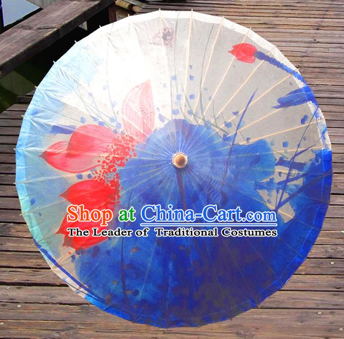 China Traditional Folk Dance Umbrella Hand Painting Lotus Blue Oil-paper Umbrella Stage Performance Props Umbrellas