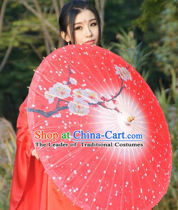 China Traditional Folk Dance Umbrella Hand Painting Plum Blossom Red Oil-paper Umbrella Stage Performance Props Umbrellas