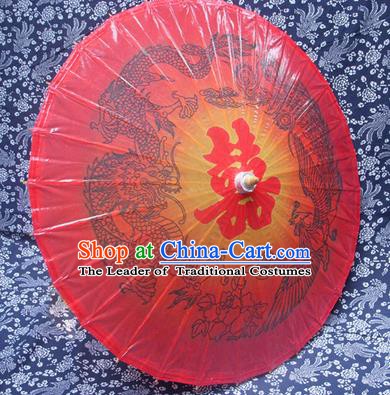 China Traditional Folk Dance Paper Umbrella Hand Painting Dragon Phoenix Red Oil-paper Umbrella Stage Performance Props Umbrellas