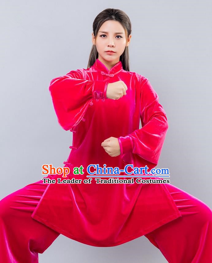 Top Grade Chinese Kung Fu Pink Velvet Costume China Martial Arts Training Uniform Tai Ji Wushu Clothing for Women