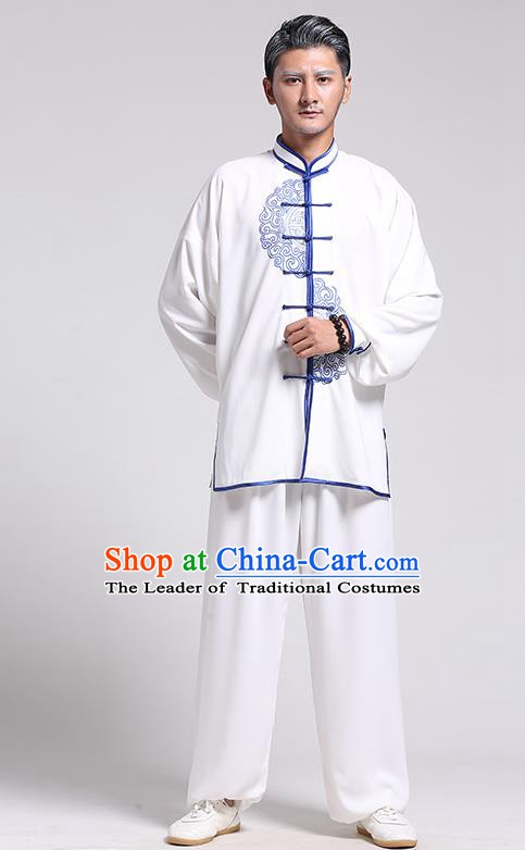 Top Grade Chinese Kung Fu Costume Tai Ji Training Blue and White Porcelain Uniform, China Martial Arts Gongfu Clothing for Men