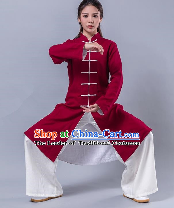 Top Grade Chinese Kung Fu Costume Martial Arts Uniform, China Tai Ji Wushu Plated Buttons Red Robe Clothing for Women