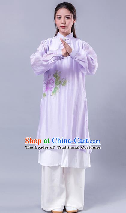 Top Grade Chinese Kung Fu Costume Martial Arts Printing Peony Purple Uniform, China Tai Ji Wushu Plated Buttons Clothing for Women