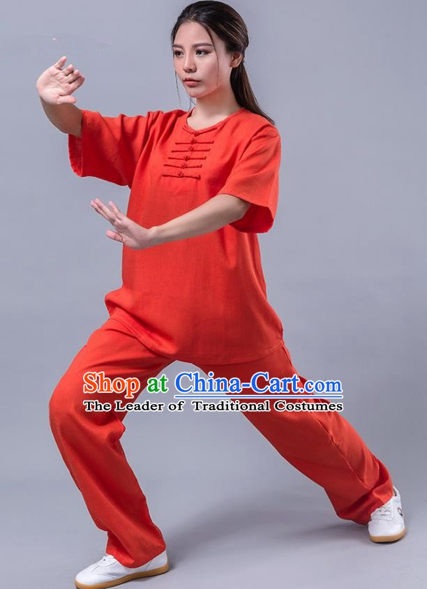 Top Grade Chinese Kung Fu Costume Martial Arts Red Uniform, China Tai Ji Wushu Plated Buttons Clothing for Women