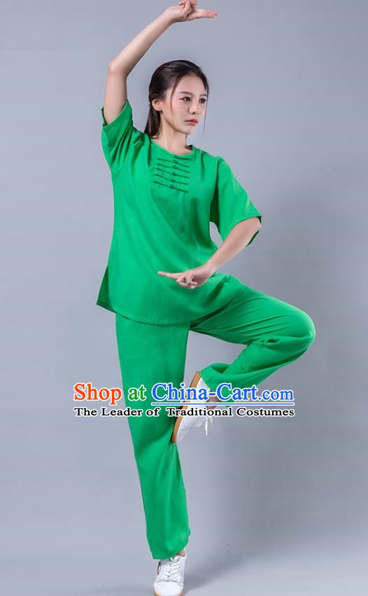 Top Grade Chinese Kung Fu Costume Martial Arts Green Uniform, China Tai Ji Wushu Plated Buttons Clothing for Women