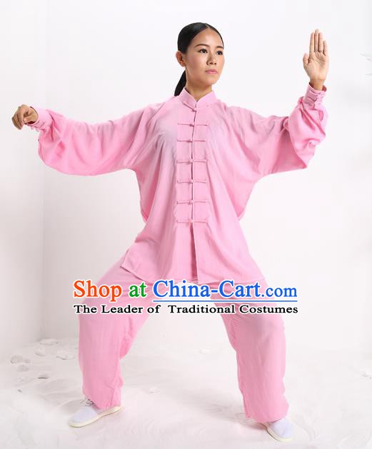 Top Grade Chinese Kung Fu Plated Buttons Pink Costume, China Martial Arts Uniform Tai Ji Wushu Clothing for Women