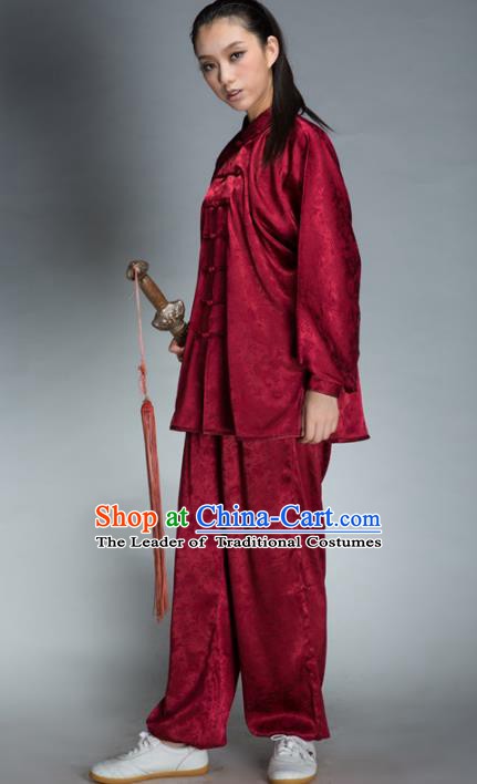 Top Grade Chinese Kung Fu Plated Buttons Wine Red Costume, China Martial Arts Uniform Tai Ji Wushu Clothing for Women