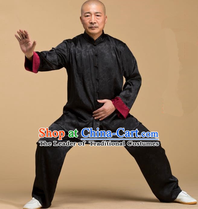 Top Grade Chinese Kung Fu Costume Tai Ji Training Uniform, China Martial Arts Gongfu Black Clothing for Men