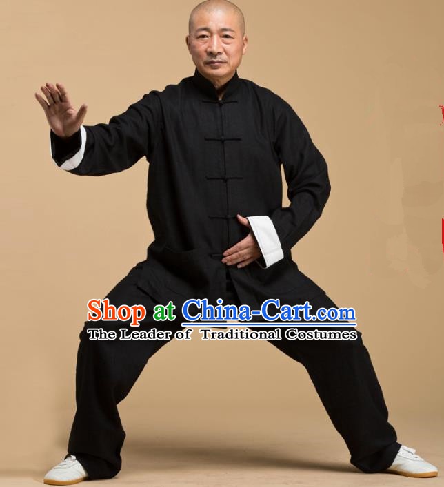 Top Grade Chinese Kung Fu Costume Tai Ji Training Linen Uniform, China Martial Arts Gongfu Black Clothing for Men