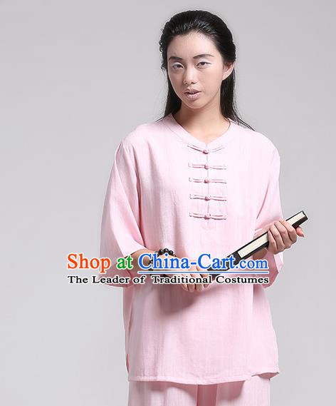 Top Grade Chinese Kung Fu Costume Martial Arts Pink Uniform, China Tai Ji Wushu Plated Buttons Clothing for Women