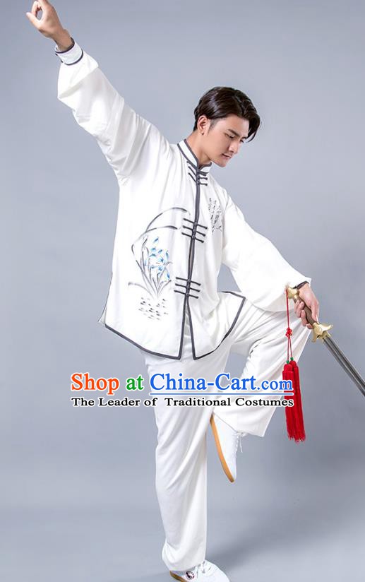 Top Grade Chinese Kung Fu Costume Tai Ji Training Printing Orchid Uniform, China Martial Arts Tang Suit Gongfu Clothing for Men