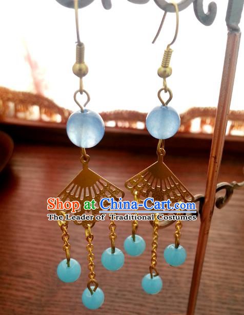 Traditional Handmade Chinese Ancient Princess Hanfu Eardrop Accessories Classical Blue Beads Tassel Earrings for Women