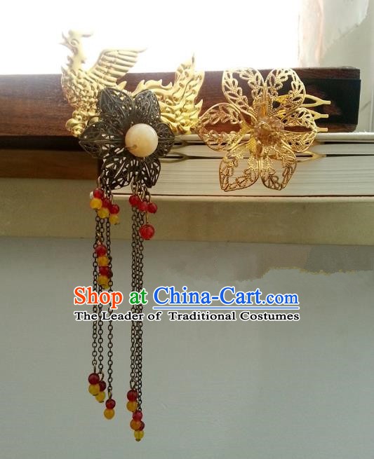 Handmade Traditional Chinese Classical Hair Accessories Ancient Hanfu Golden Tassel Phoenix Hairpins for Women