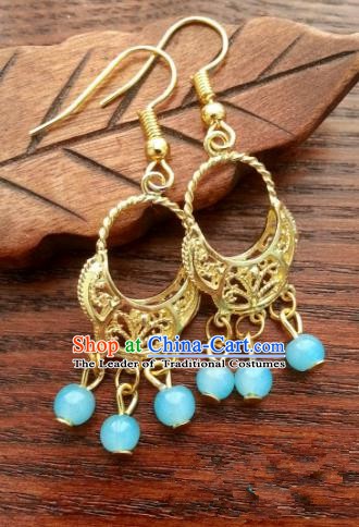 Asian Chinese Traditional Handmade Classical Hanfu Golden Eardrop Ancient Palace Princess Earrings for Women