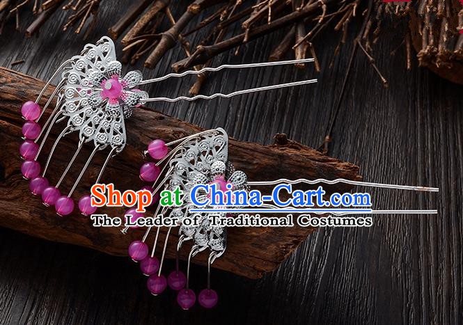 Handmade Asian Chinese Classical Hair Accessories Ancient Purple Beads Tassel Hairpins Headwear for Women