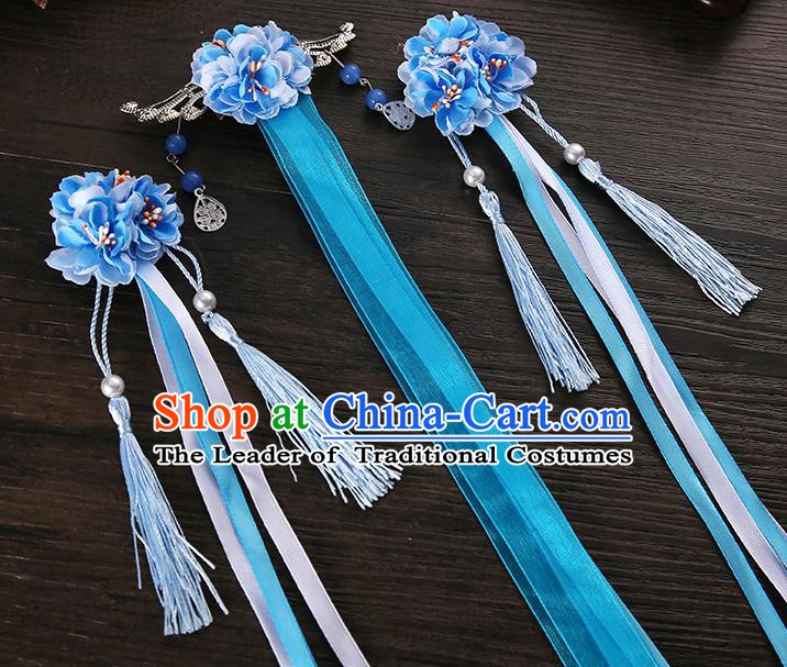 Handmade Asian Chinese Classical Hair Accessories Ancient Blue Silk Flower Hairpins Headwear for Women