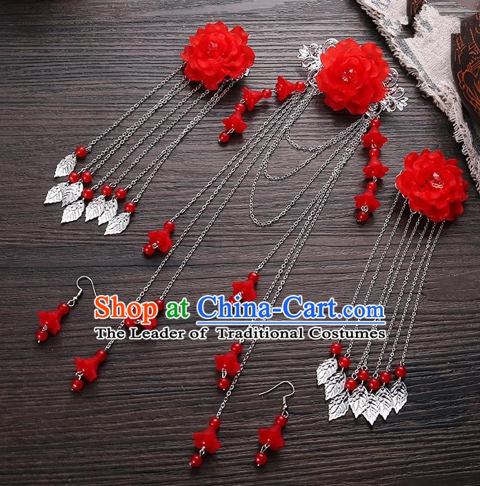 Handmade Asian Chinese Classical Hair Accessories Ancient Red Flower Hair Stick Hairpins for Women