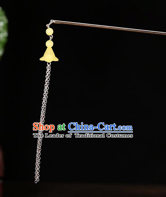 Handmade Asian Chinese Classical Hair Accessories Ancient Yellow Tassel Step Shake Hairpins for Women