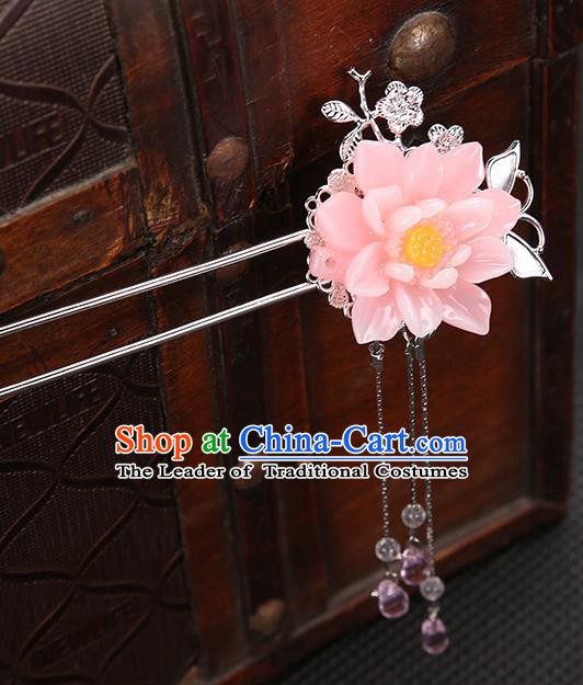 Handmade Asian Chinese Classical Hair Accessories Pink Flower Hair Clip Ancient Hanfu Hairpins for Women