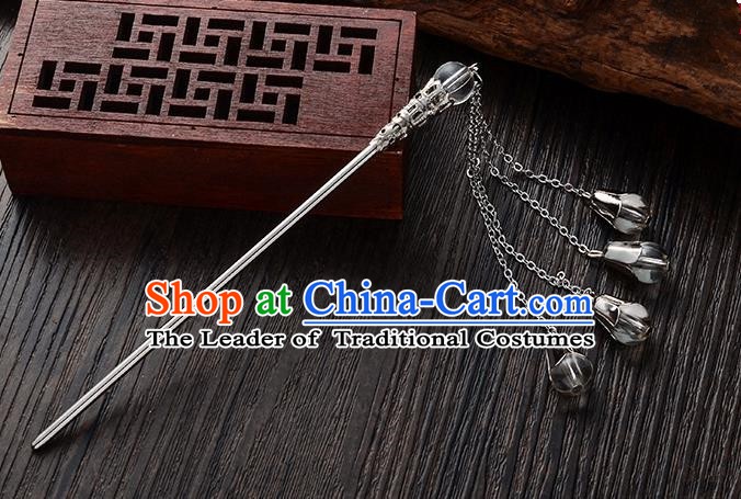 Handmade Asian Chinese Classical Hair Accessories Grey Crystal Beads Tassel Hairpins Hanfu Step Shake for Women