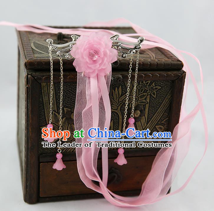 Asian Chinese Handmade Palace Lady Classical Hair Accessories Pink Silk Ribbon Hairpins Headwear for Women