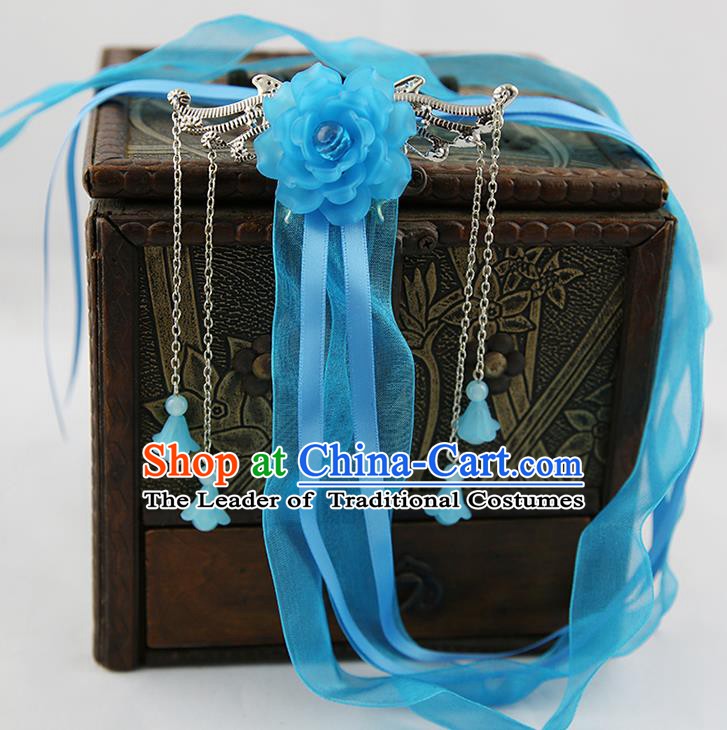 Asian Chinese Handmade Palace Lady Classical Hair Accessories Blue Silk Ribbon Hairpins Headwear for Women