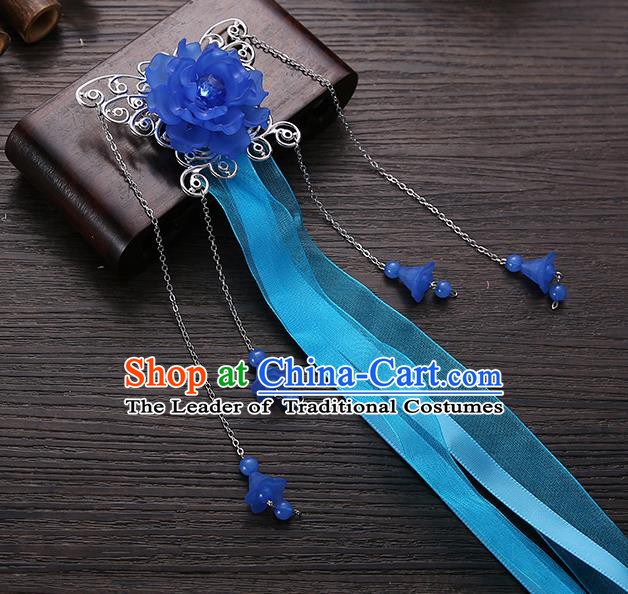 Handmade Asian Chinese Classical Hair Accessories Blue Ribbon Butterfly Hairpins Hanfu Hair Stick for Women