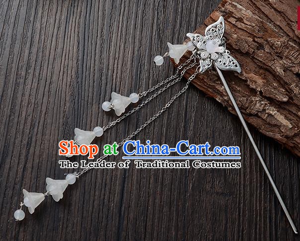 Handmade Asian Chinese Classical Hair Accessories Butterfly Hairpins Hanfu White Tassel Step Shake for Women