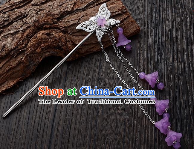 Handmade Asian Chinese Classical Hair Accessories Butterfly Hairpins Hanfu Purple Tassel Step Shake for Women