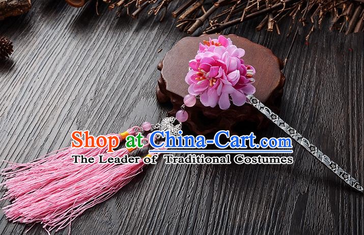 Handmade Asian Chinese Classical Hair Accessories Hairpins Hanfu Pink Flower Tassel Hair Stick for Women