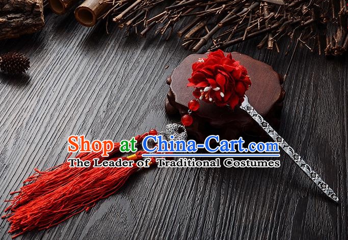 Handmade Asian Chinese Classical Hair Accessories Hairpins Hanfu Red Flower Tassel Hair Stick for Women