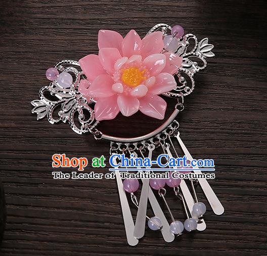 Asian Chinese Handmade Classical Hair Accessories Pink Flower Tassel Hair Comb Hairpins for Women