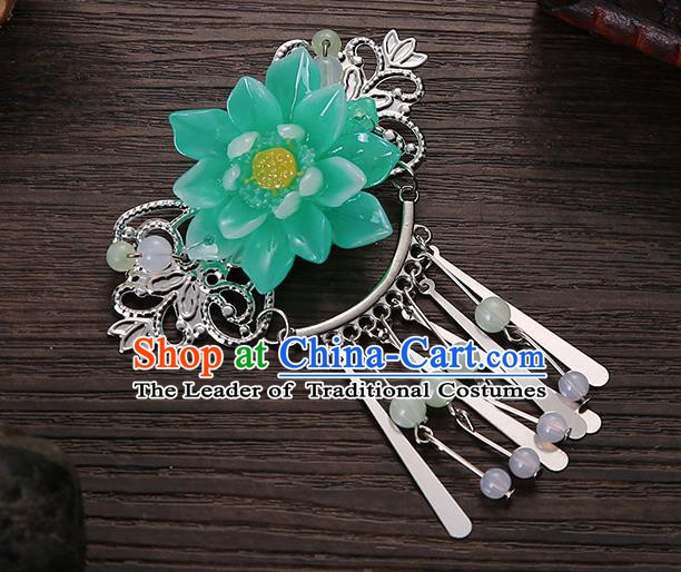 Asian Chinese Handmade Classical Hair Accessories Green Flower Tassel Hair Comb Hairpins for Women