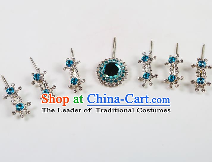 Chinese Beijing Opera Actress Hair Accessories Blue Crystal Hairpins, China Peking Opera Diva Headpiece