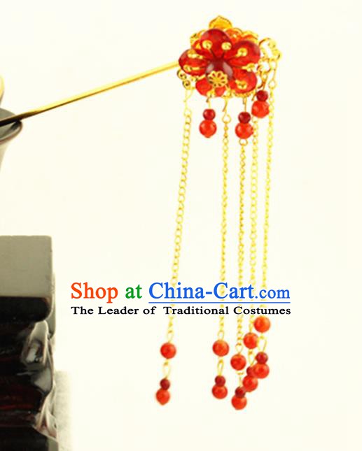 Asian Chinese Handmade Classical Hair Accessories Princess Hairpins Red Beads Tassel Step Shake for Women