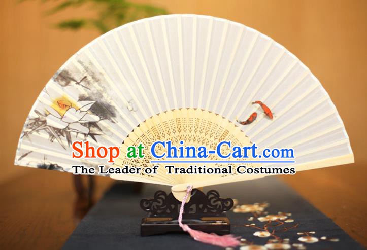 Traditional Chinese Crafts Printing Lotus White Folding Fan, China Sensu Paper Fans for Women