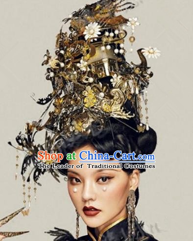 Asian Chinese Ancient Handmade Classical Hair Accessories Hairpins Exaggerated Headdress Phoenix Coronet Complete Set for Women