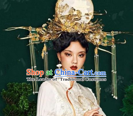 Asian Chinese Ancient Handmade Classical Hair Accessories Hairpins Headdress Exaggerated Phoenix Coronet Complete Set for Women