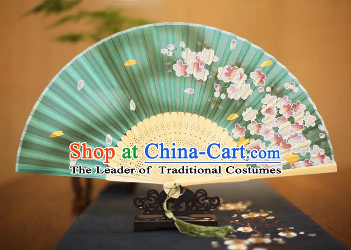 Traditional Chinese Crafts Printing Flowers Green Folding Fan, China Sensu Paper Fans for Women