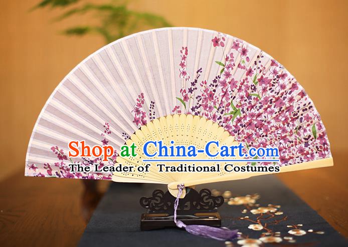 Traditional Chinese Crafts Printing Flowers Lilac Folding Fan, China Sensu Paper Fans for Women