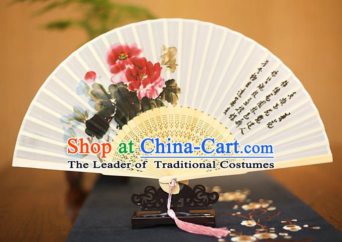 Traditional Chinese Crafts Printing Epiphyllum White Folding Fan, China Sensu Paper Fans for Women