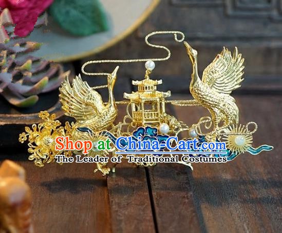 Chinese Ancient Handmade Classical Wedding Hair Accessories Xiuhe Suit Crane Hairpins for Women