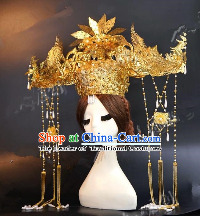 Chinese Ancient Handmade Classical Wedding Hair Accessories Xiuhe Suit Golden Phoenix Coronet Hairpins for Women