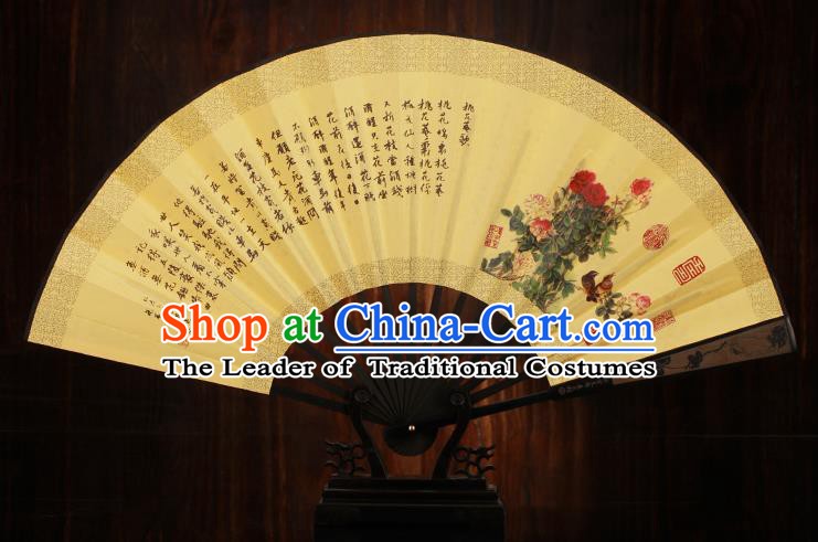 Traditional Chinese Crafts Printing Peony Folding Fan, China Sculpture Framework Silk Fans for Men