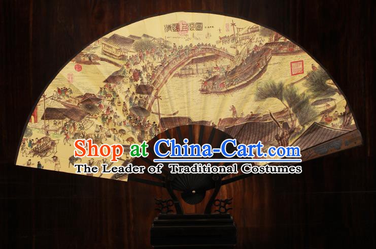 Traditional Chinese Crafts Printing Riverside Scene at Qingming Festival Folding Fan, China Sculpture Framework Silk Fans for Men