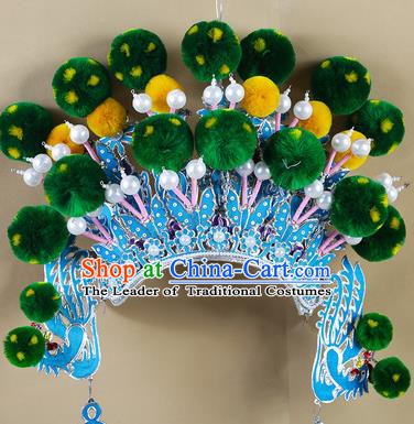 Chinese Beijing Opera Warriors Green Venonat Headpiece, China Peking Opera Blues Helmet