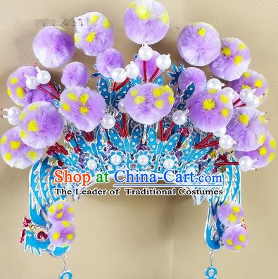 Chinese Beijing Opera Warriors Lilac Venonat Headpiece, China Peking Opera Blues Helmet