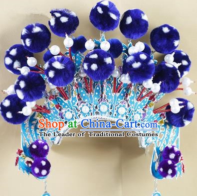 Chinese Beijing Opera Warriors Royalblue Venonat Headpiece, China Peking Opera Blues Helmet