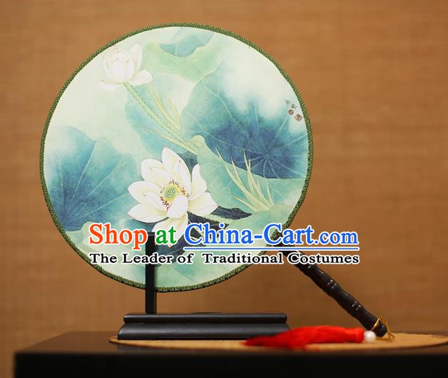 Traditional Chinese Crafts Printing Lotus Round Fan, China Palace Fans Princess Green Silk Circular Fans for Women